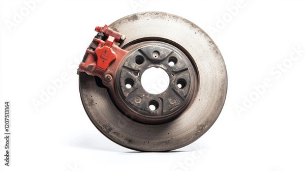 Obraz Car brake disc and red caliper isolated on white 