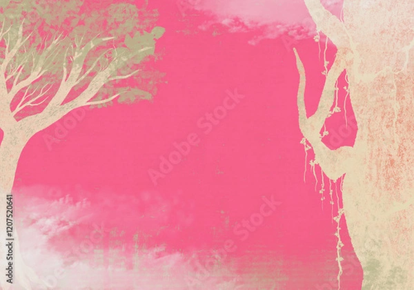 Fototapeta 神秘的な霧の森・紙のテクスチャのシンプルな森の背景イラストヴィンテージローズ