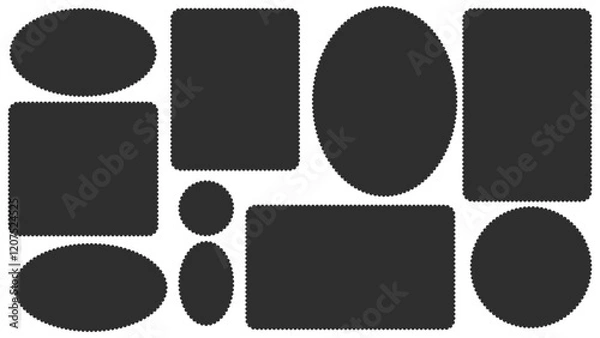 Fototapeta Scallop edged frame templates set. Oval and rectangle shapes. Geometry borders with perforation. Label textboxes Lace frill pack. Trendy blocks blank layout. Vector flat illustration.