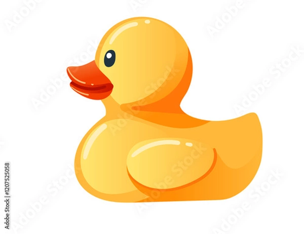 Obraz Cute yellow rubber duck. Cartoon child toy for bath. Side view. Vector illustration isolated on white background