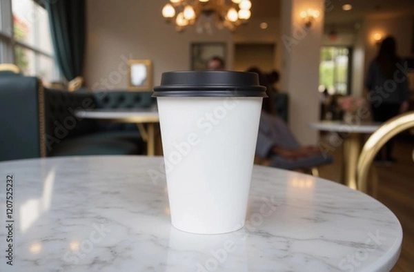Obraz Minimalist Paper Coffee Cup Mockup - Black Lid on Marble Table