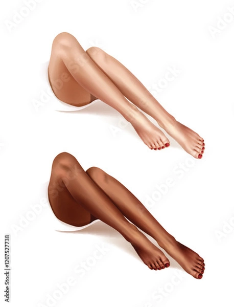 Fototapeta Beautiful women's legs in various skin colors. Vector realistic illustration isolated on white