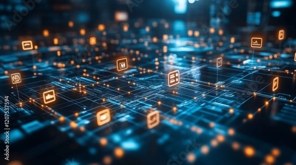 Obraz Innovative virtual networking platform with digital connection symbols in a futuristic setting