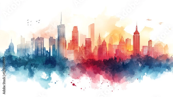 Fototapeta Vibrant city skyline at sunset with a colorful watercolor effect