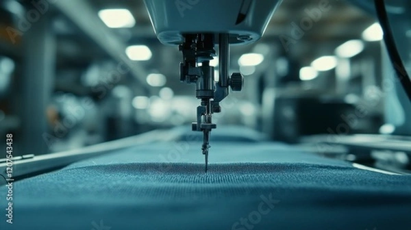 Fototapeta Close-up of industrial sewing machine needle in operation at textile factory macro photography modern manufacturing environment