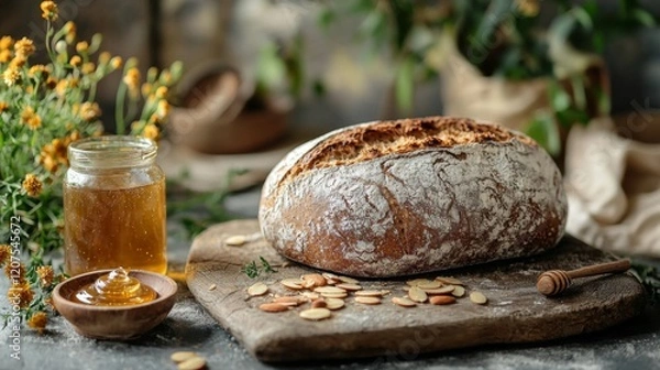 Fototapeta Rustic table showing sourdough almond butter and honey jar