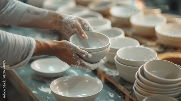 Obraz Pottery Maker Stacking White Bowls in a Studio