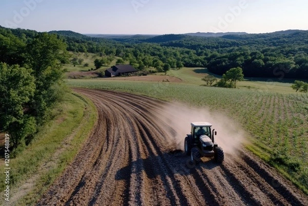 Fototapeta A powerful tractor navigates a winding path through lush countryside, emphasizing the process of land cultivation and the relationship between technology and agriculture.