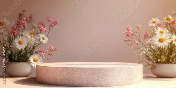 Fototapeta Round stone podium with daisies and flowers on beige background, space for product or text. 3D rendering mockup
