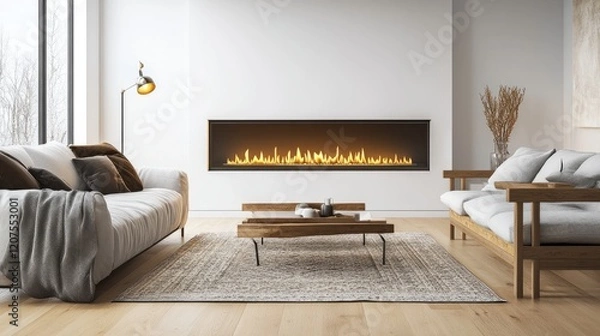 Fototapeta Luxurious minimalist living room with a sleek linear fireplace, neutral furniture, an area rug, and tasteful decor, all highlighted by natural light.
