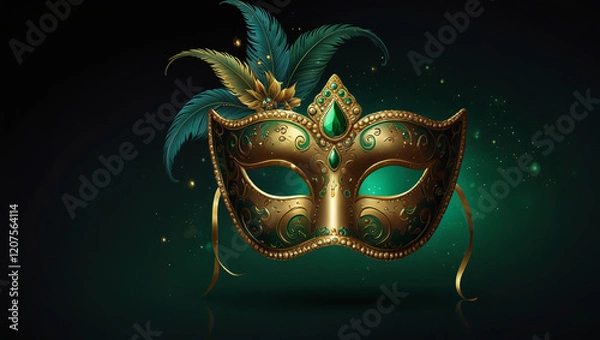 Fototapeta illustration of a carnival mask in gold and green on a dark background.