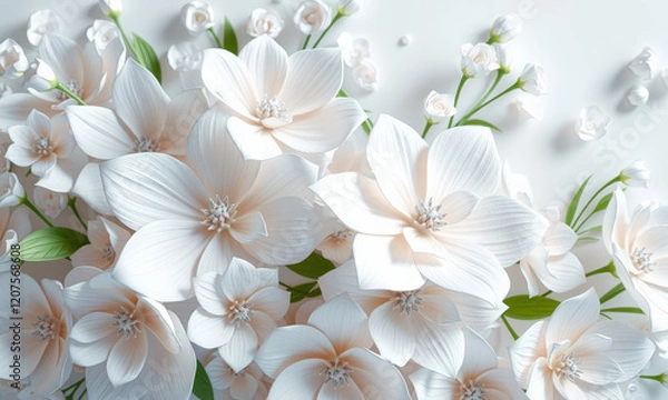 Fototapeta Beautiful white flowers arranged elegantly, showcasing delicate petals and soft hues, creating serene and calming atmosphere. Perfect for backgrounds or floral designs