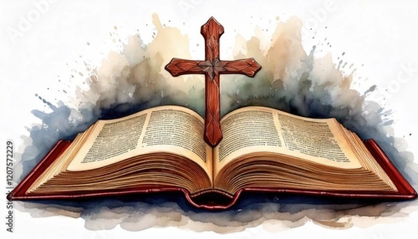 Fototapeta Religious reflection open bible with cross spiritual symbolism artistic environment close-up view