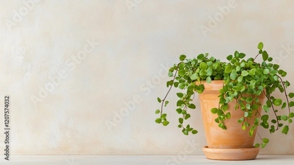 Fototapeta Houseplants drapping. Potted plant with trailing green vines against a textured beige wall.