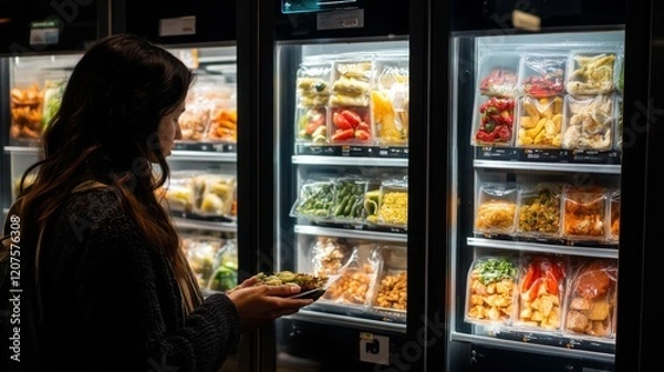 Obraz Woman Choosing Healthy Snacks from Vending Machine at Night