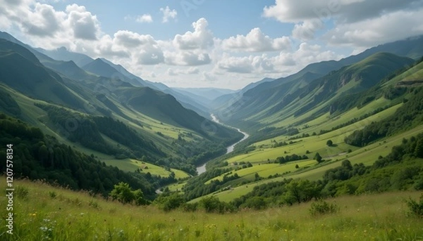 Fototapeta Scenic Green Valley with a Serene River Flowing Through It: Nature’s Beauty at Its Best