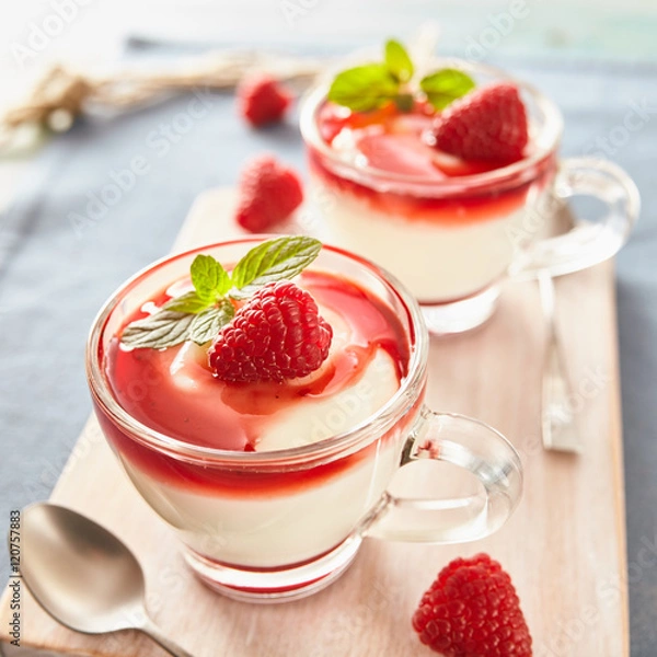 Fototapeta Panna cotta with rasperry and mint  topping with strawberry sauce
