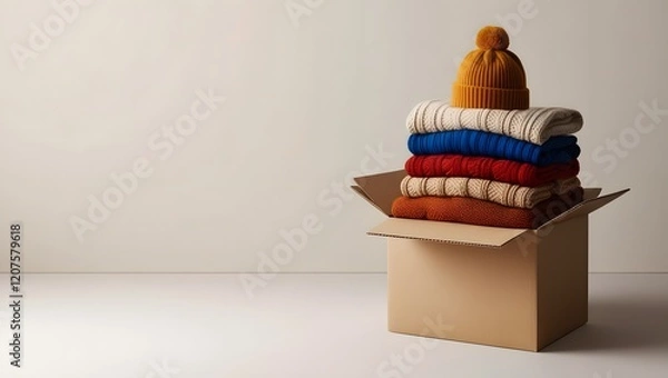Fototapeta Stacked clothes for donation in a cardboard box. Winter clothes in a cardboard box. Seasonal clothing. Charity or donation drive backdrop with copy space.

