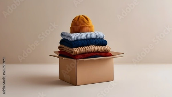 Fototapeta Stacked clothes for donation in a cardboard box. Winter clothes in a cardboard box. Seasonal clothing. Charity or donation drive backdrop with copy space.
