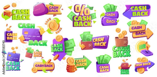 Fototapeta Icons of cash back offers. Concept of refund money after buy set icon