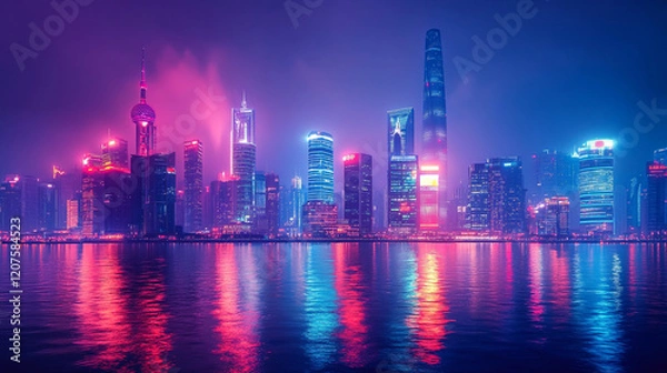 Fototapeta Vibrant urban skyline illuminated at night with reflections on water surface