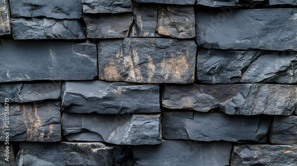 Fototapeta Detailed Close-Up of Textured Black Slate Stone Wall Surface
