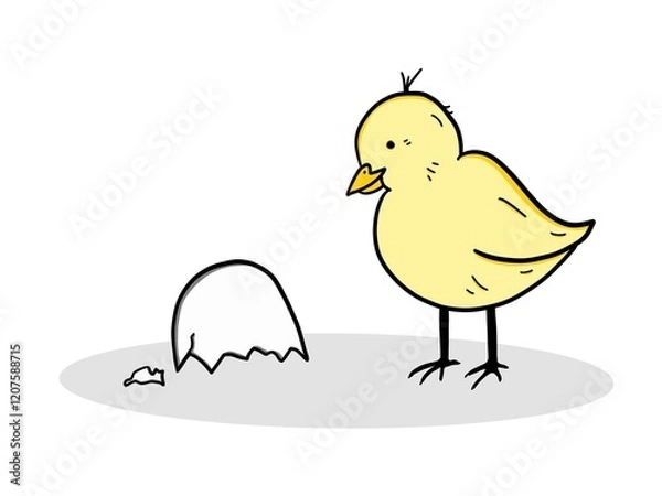 Fototapeta Cute chick curiously looking at the eggshell it hatched from. The drawing is in a playful and cartoonish style, with soft lines and vibrant colors. 