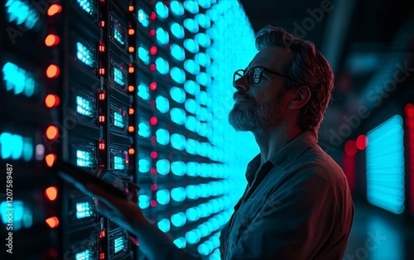 Fototapeta IT specialist inspecting server rack in data center.