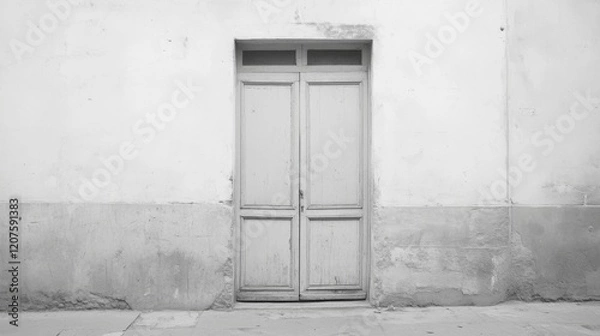 Fototapeta Old weathered wooden door in a whitewashed wall.