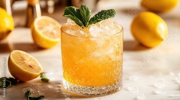 Fototapeta A chilled lemon drink with mint garnish, placed next to whole and sliced lemons, on a bright white background.