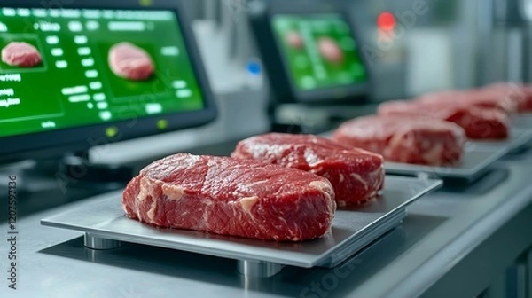 Fototapeta food safety concept. Fresh cuts of meat displayed on trays with digital screens in a modern butcher shop.