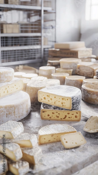 Fototapeta Artisan cheese makers handcrafting unique cheese varieties in a rustic, bohemian setting filled with creative energy and natural materials..
