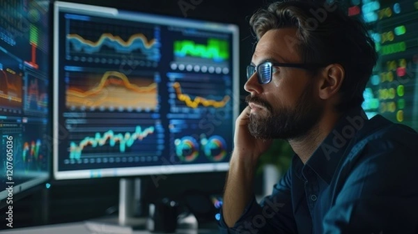 Fototapeta Deep Focus: Analyzing Data Trends at Night in a Modern Workspace