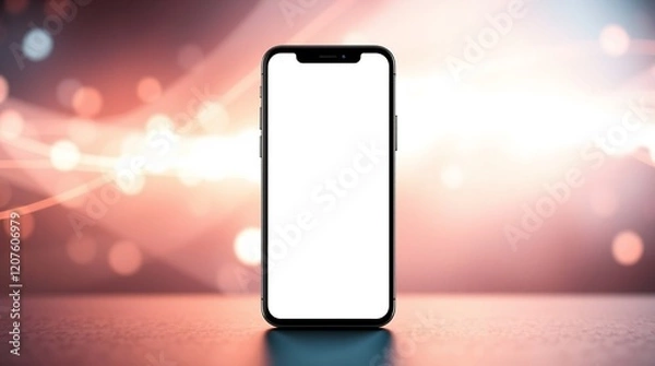 Fototapeta Smartphone Mockup:  A sleek black smartphone with a blank white screen stands prominently against a backdrop of warm, bokeh lights, perfect for app presentations or digital displays.