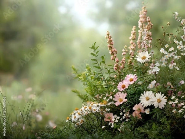Fototapeta Lush Garden Scene with Colorful Blooms Under Soft Natural Light in an Outdoor Setting