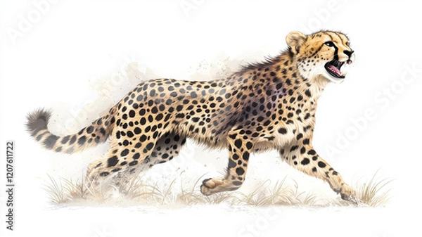 Obraz dynamic illustration of cheetah running gracefully across sandy terrain, showcasing its powerful physique and distinctive spotted coat. artwork captures essence of this wild animal in motion
