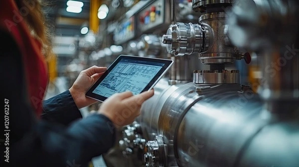 Obraz Factory worker using tablet, industrial plant background