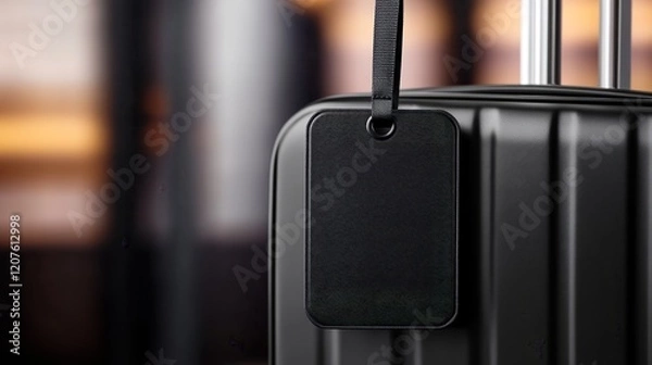 Fototapeta A close-up of a black suitcase with a blank luggage tag, ready for travel.