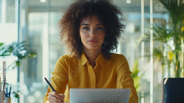Fototapeta A portrait of an attractive woman with curly hair, wearing a yellow blouse, sitting at a desk in front of a laptop and writing notes on a notepad while working in an office