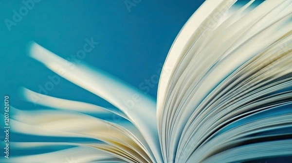 Fototapeta Close-up of open book pages against a blue background.
