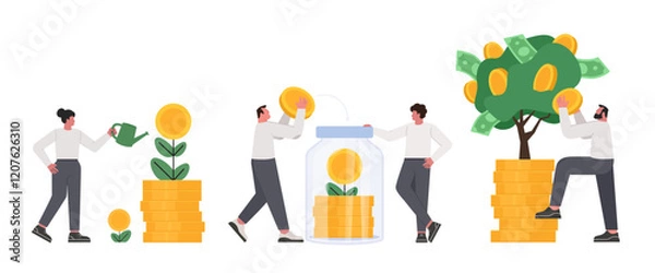 Fototapeta Money savings, investments and deposit growth concept. Men and women characters investors save money, water money tree and receive dividends. Set of financial vector illustration.