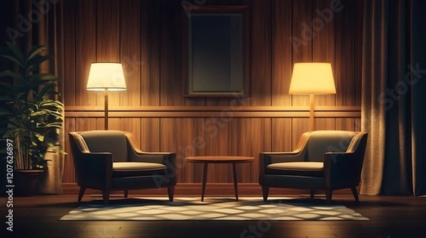 Fototapeta Evening Lounge Scene with Two Armchairs and Lamps