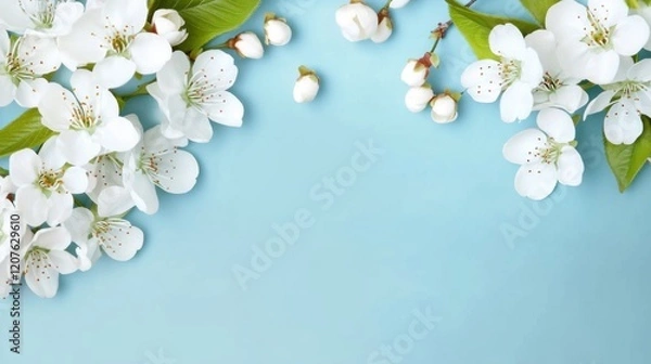 Fototapeta Beautiful white flowers on light blue background, spring floral border with copy space for text or design. Cherry blossom branches