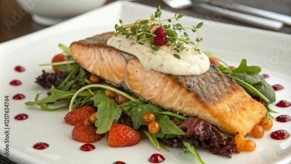 Fototapeta Arctic char fillet placed atop a bed of mixed greens with a dollop of creamy sauce and garnished with fresh herbs and cloudberries, healthy meal, greens, cloudberries
