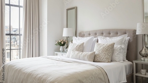 Fototapeta Elegant hotel room with plush bed white linens and natural light