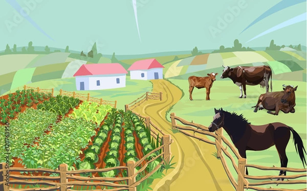 Obraz cow, horse, farm, cabbage, vector
