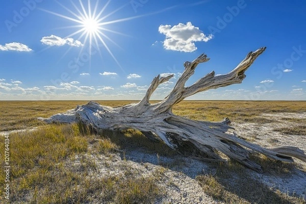 Fototapeta Dried Up Tree Branches Under Scorching Sunlight in a Parched Landscape Showcasing Nature's Resilience and the Effects of Climate Change on Arid Regions