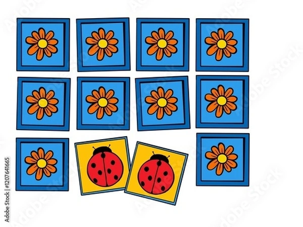 Fototapeta ute illustration of a memory card game designed for children, featuring colorful ladybugs on the front side and a flower pattern on the back. The playful and engaging design is ideal for kids, combini