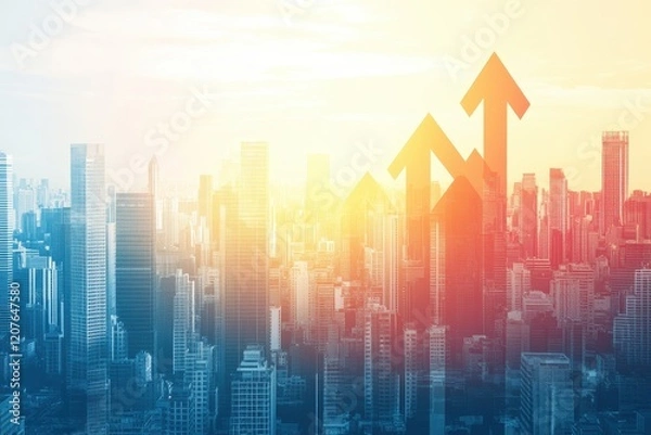 Fototapeta Stunning City Skyline at Sunset with Dynamic Arrow Graphics Symbolizing Growth and Opportunity in a Vibrant Urban Landscape for Business and Inspiration