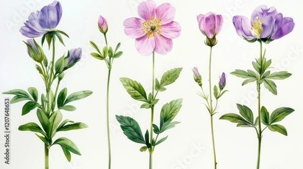 Fototapeta A botanical illustration showcasing various stages of flowering plants with detailed leaves.